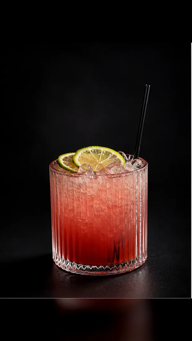 Strawberry lemonade over ice in a ribbed glass with lime wheels